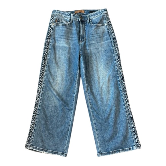 Judy Blue Jeans Womens 7/28 Blue Wide Leg High Rise Braid Detail Crop - Picture 2 of 6